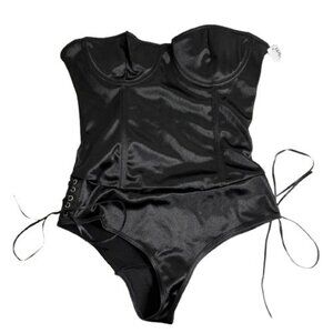 NEW Y2K Velvet Kitten Black Satin Bodysuit Size Small  Coquette